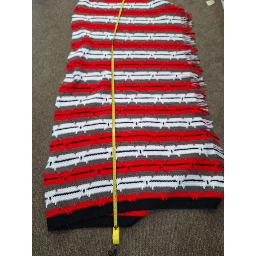 Vintage Handmade Crochet Afghan Blanket Red White Grey Black Stripe Fringe Throw